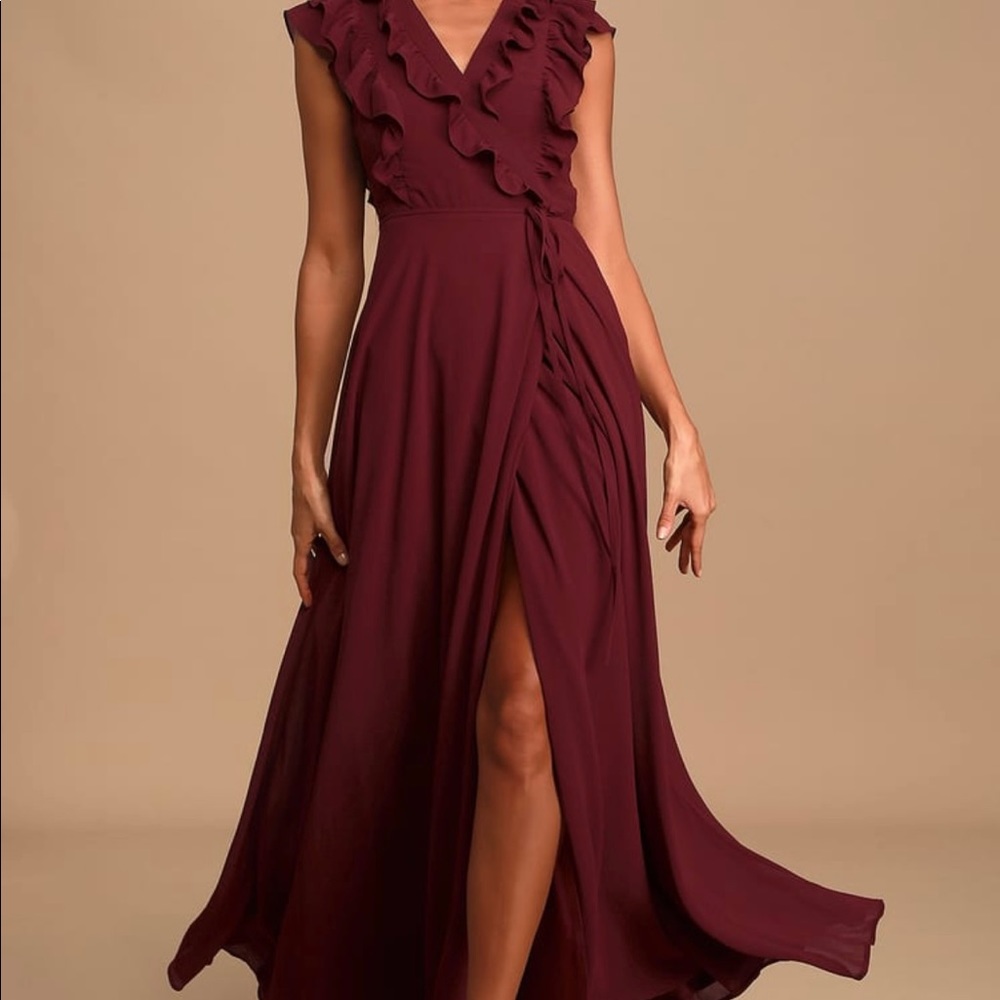 Lulus burgundy ruffled wrap maxi dress
